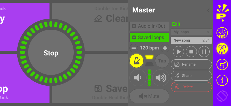 Looper saved loops and master control screen