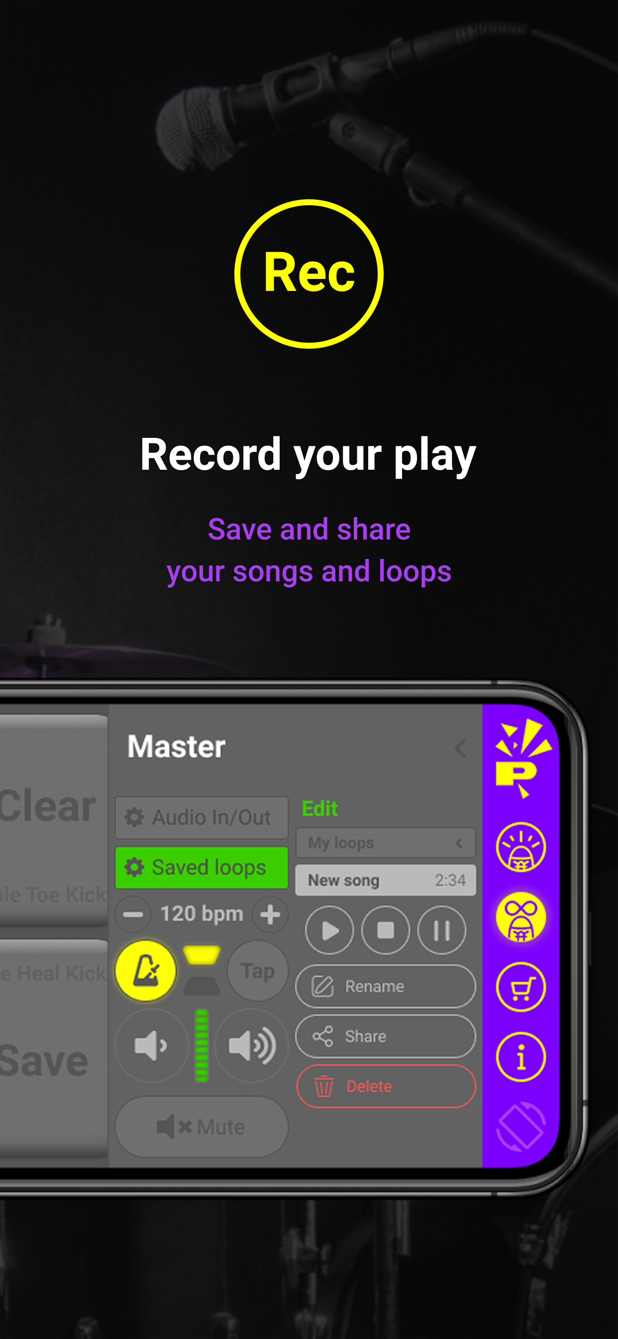 StompAI Studio store preview showing recording and song saving tools